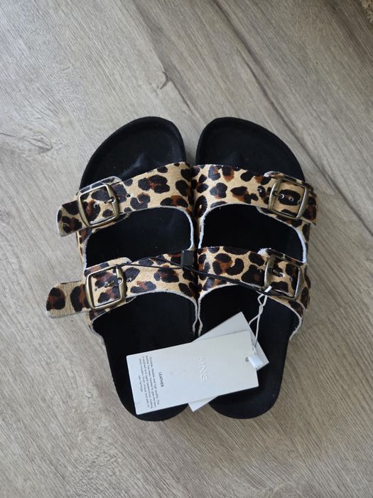 Nowe skórzane klapki Mango 35 zwierzęcy wzór panterka leopard cętki