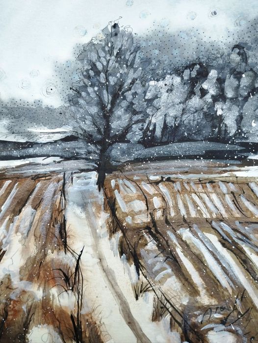 Akwarela " Zimowe pola" bardzo duża 29,5 x40.5 cm oryginał,nie wydruk