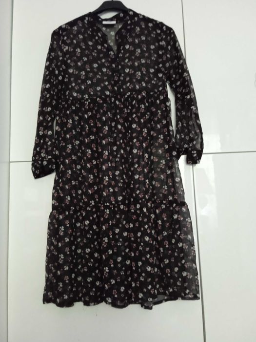 D-xel jeans sukienka mgiełka czarna w różowo białe kwiatuszki XS 34
