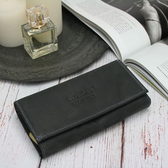 Portfel damski skóra nubuk Wild Tiger czarny pojemny ładny elegancki