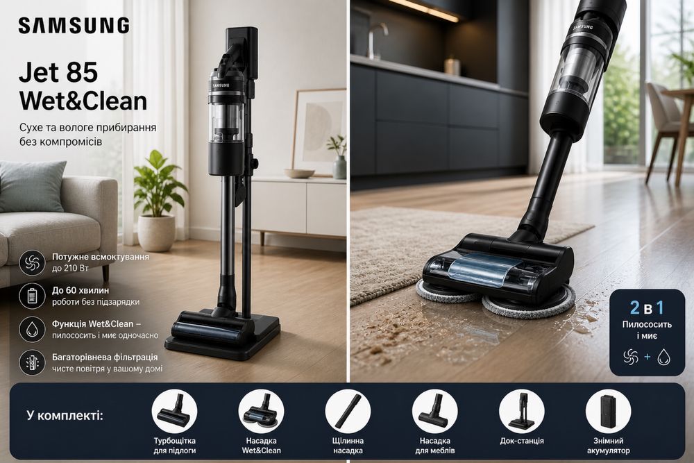 Пилосос Samsung Jet 85 Wet&Clean VS20C85G7TB/WD, акумуляторний, 2в1