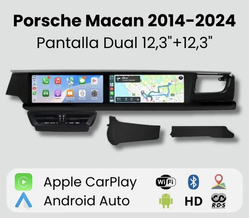 Android магнітола Porsche Macan 2014–2024, 2 екрани 12.3″, 4/64GB, 8/128GB, CarPlay, Android Auto, GPS, Wi-Fi, Bluetooth, BOSE, камери 360°