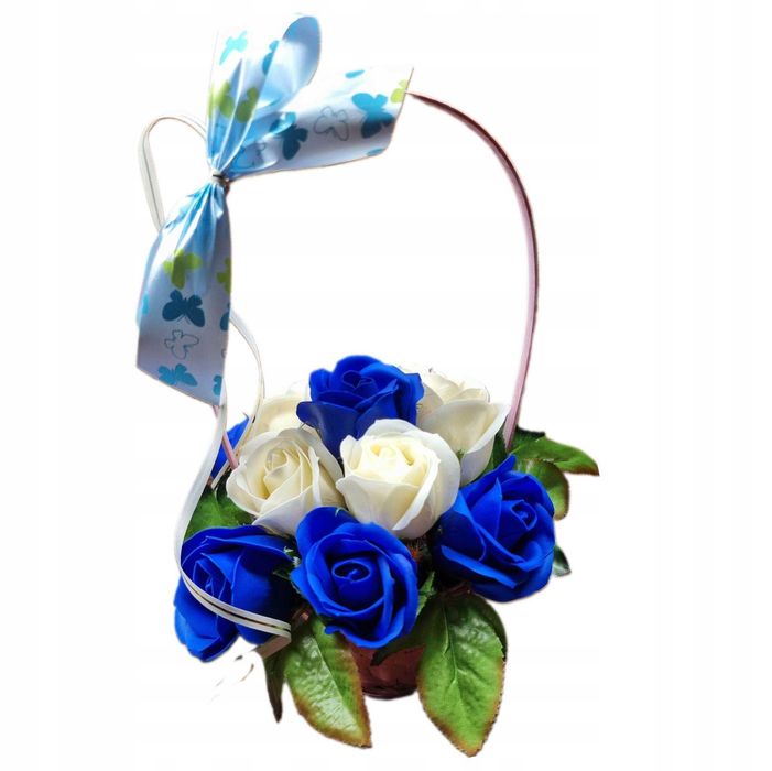 Bukiet kosz kwiatów mydlanych róże kremowo granatowy TOPPER GRATIS