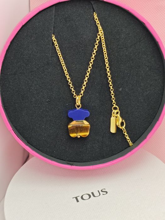 Naszyjnik z misiem żółte srebro vermeil 925 z tygrysim okiem