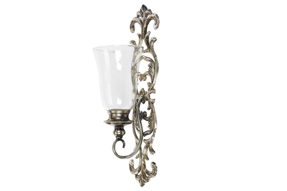 Świecznik ścienny srebrny h52cm. metal+szkło 13359