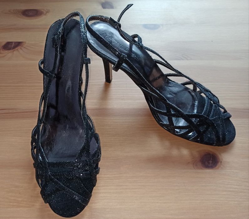 Szpilki czarne brokat retro 39 sandałki na obcasie