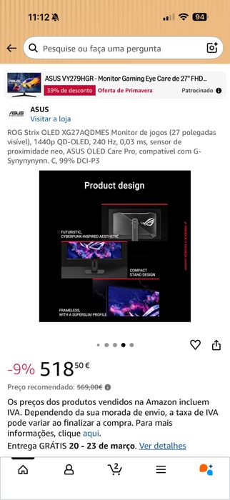 Monitor OLED 26,5" 240hz ASUS XG27AQDMES Rog Strix