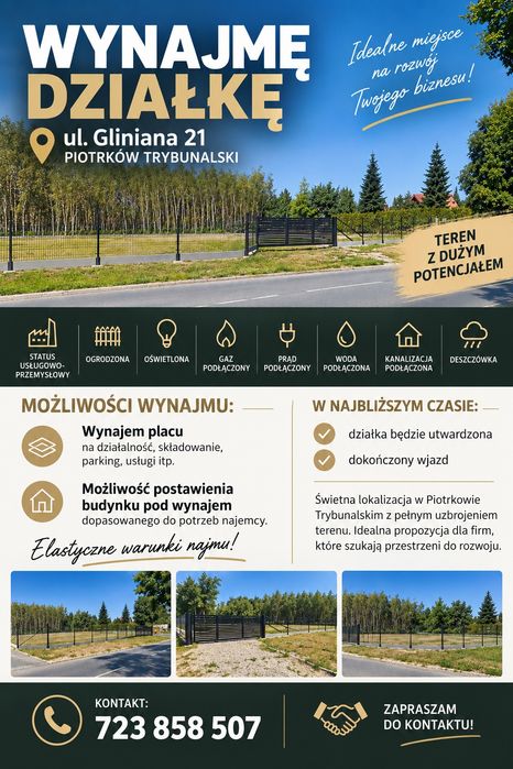 Wynajmę działkę inwestycyjną usługi produkcja Gliniana