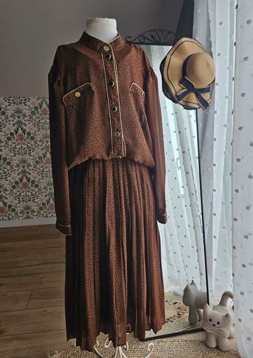 Vintage komplet damski retro spódnica i koszula brązowy XL