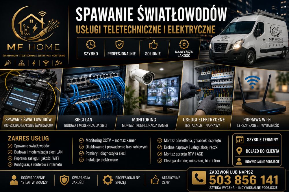 Spawanie światłowodów, monitoring, LAN, WiFi