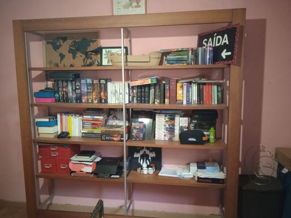 Estantes madeira maciça e ferro.