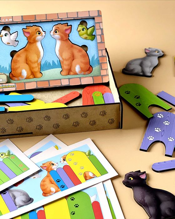 Drewniana edukacyjna gra z kartami «Koty za płotem»