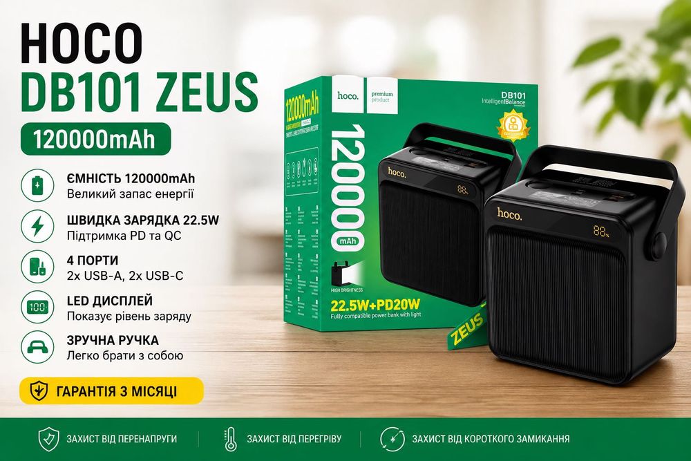 Повербанк Hoco DB101 Zeus 120 000mAh 22.5W PD великий ліхтар