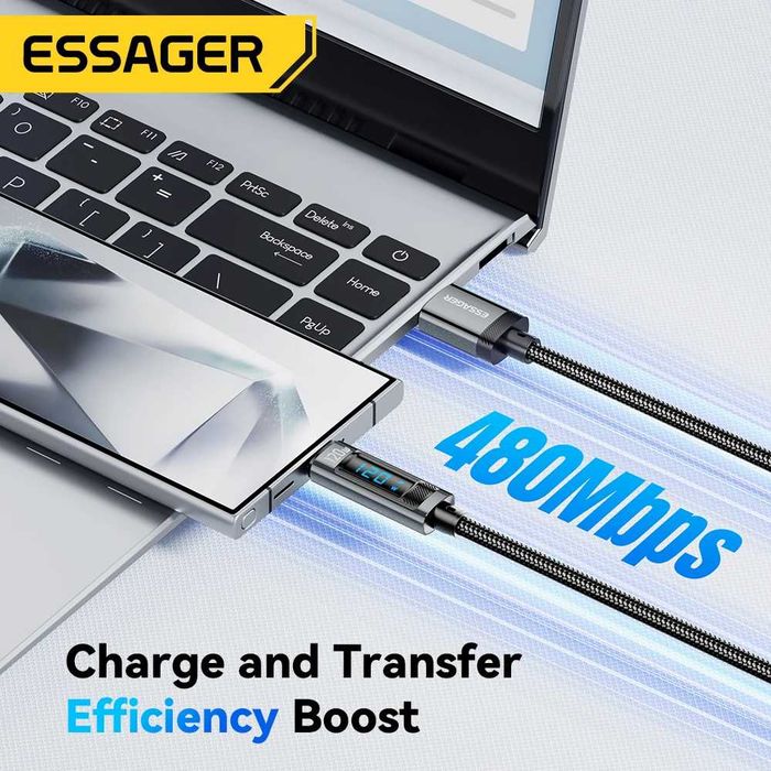 Кабель для Швидкої зарядки Essager 120W (USB - Type C) 1м з Дисплеєм. Для зарядки телефонів Супер Швидкою зарядкою 120W-33W від Xiaomi, Redmi, POCO