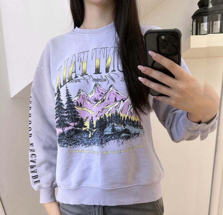 Fioletowa damska liliowa bluza nadruk styl vintage Pull&Bear XS 34
