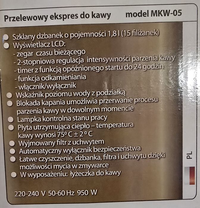 Ekspres do kawy przelewowy MPM + spieniacz mleka