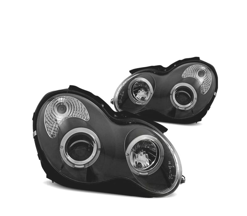 FARÓIS MERCEDES CLASSE C W203 00-07 ANGEL EYES FUNDO NEGRO