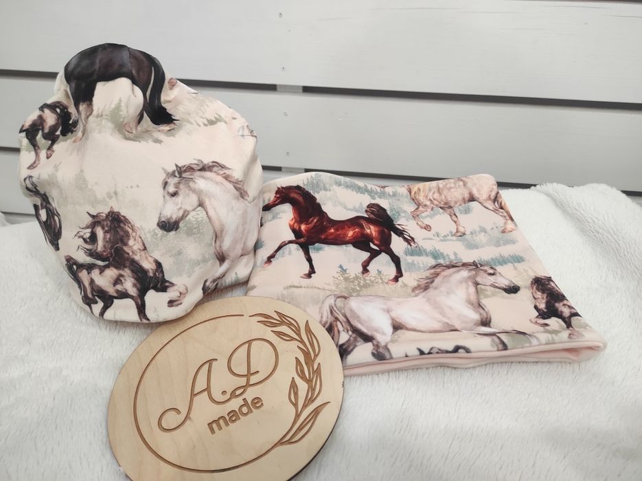 Nowość! Komplet welur Welurowy Konie Piękny czapka komin