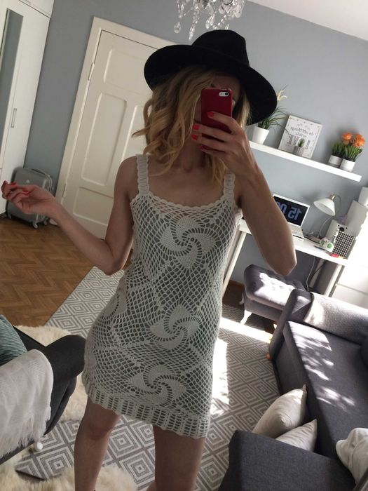 Sukienka biała krem boho hippie letnia handmade szydełko XS 34 S 36