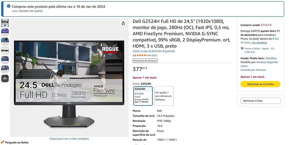 Monitor Gamer Dell 25'' 280hz 0.5ms