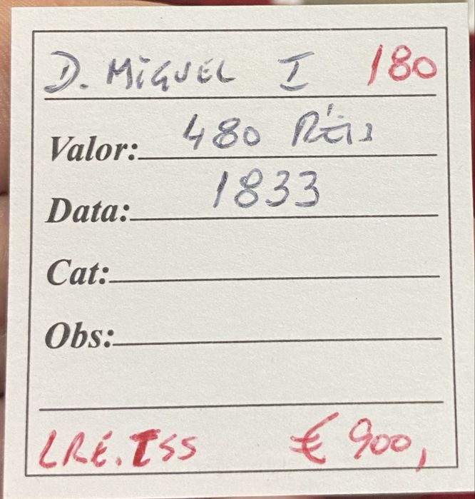 Moeda  180 - 480 Reis D MIGUEL I - 1833