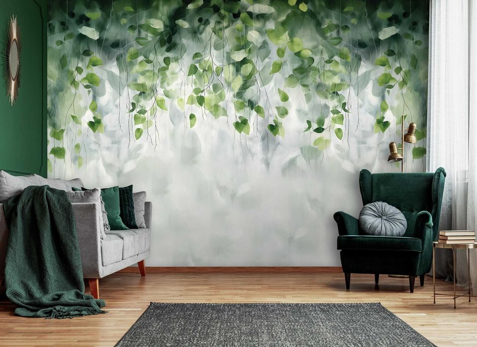 Fototapeta Opadające Zielone Liście Natura Beż 3D Twój Rozmiar + KLEJ