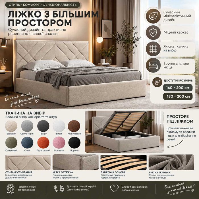 Ліжко двоспальне м’яке 160х200 / 180х200 з підйомним механізмом та нішею для білизни. Тканина на вибір. Сучасне двоспальне ліжко від виробника