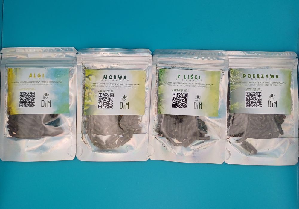 4 szt pokarmy pałeczki dla krewetek i rybek z DiM: Algi 30g, Morwa 30g, 7 liści 30g, Pokrzywa 30 g producent DIM
