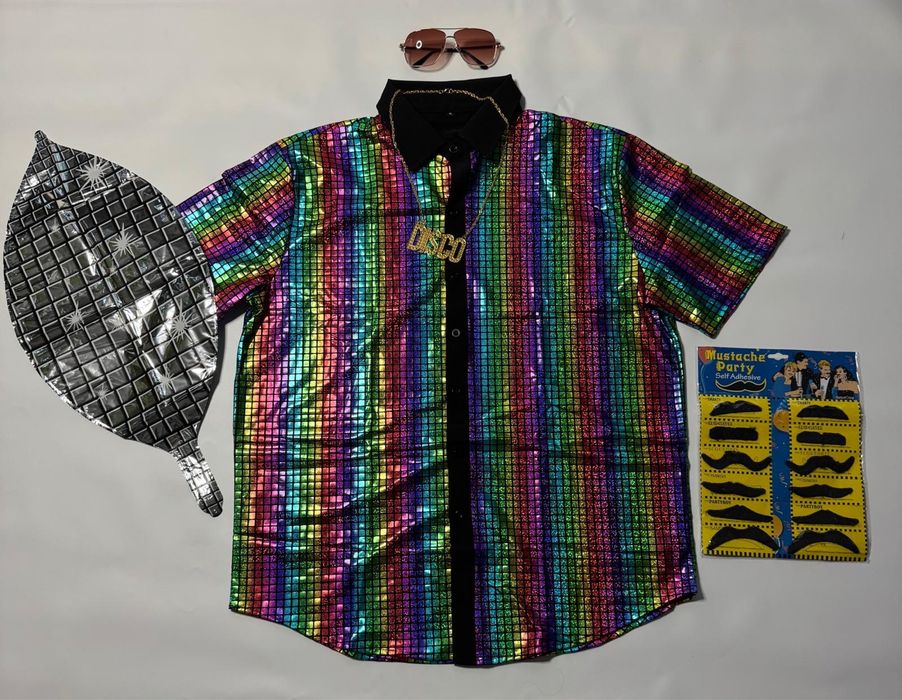 Kostium Disco tęczowy zestaw lata 70 80 koszula holograficzna okulary wąsy łańcuch