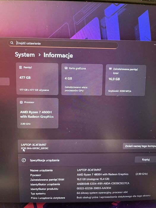 Laptop Asus ROG Strix okazja karta graficzna RTX3050