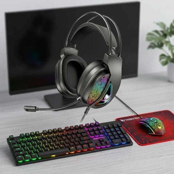 Ігровий комплект клавіатура та миша навушники килимок 4в1 Linmoni TF-400 Kit з RGB підсвічуванням для геймерів