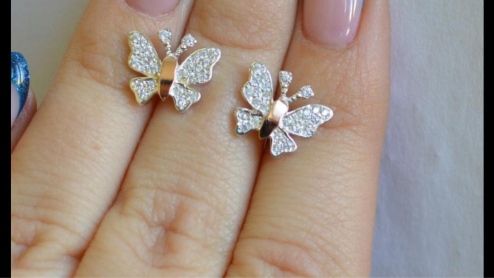 Сережки бабочки серебро, золото, цирконий