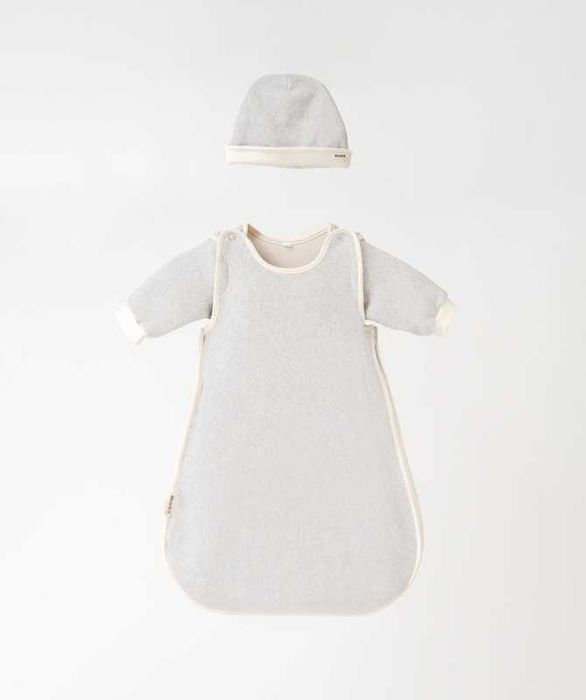 Conjunto de saco de inverno com gorro em lã biológica