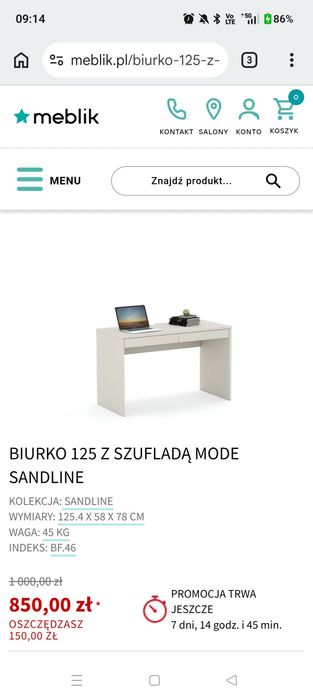 Biurko Meblik Mode 125,4 cm, kolor kaszmir bez szuflad