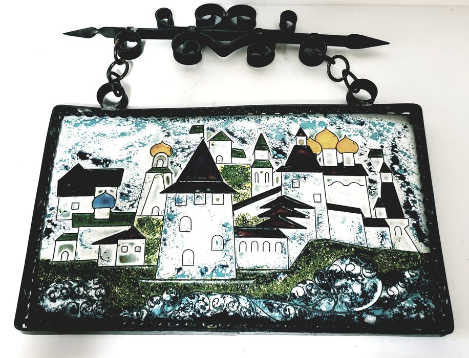Vintage landscape enamel on copper with forged iron frame