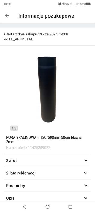 Rura spalinowa fi 120 mm x 50 cm grubość 2 mm