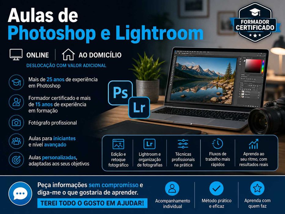Aulas de Photoshop e Lightroom | Online e ao Domicílio | Formador Certificado