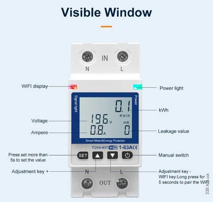 Умное Wi-Fi реле защиты от перенапряжения со счётчиком TOMZN 63A