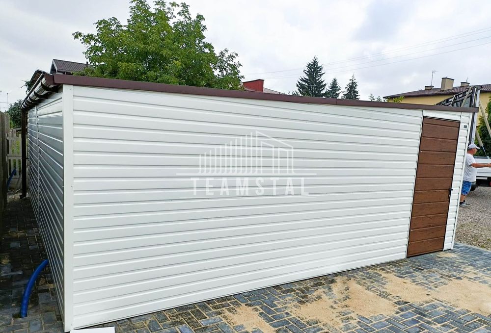 GARAŻ BLASZANY 6m x 6m poziom spad tył 2x Brama  drzwi TS252