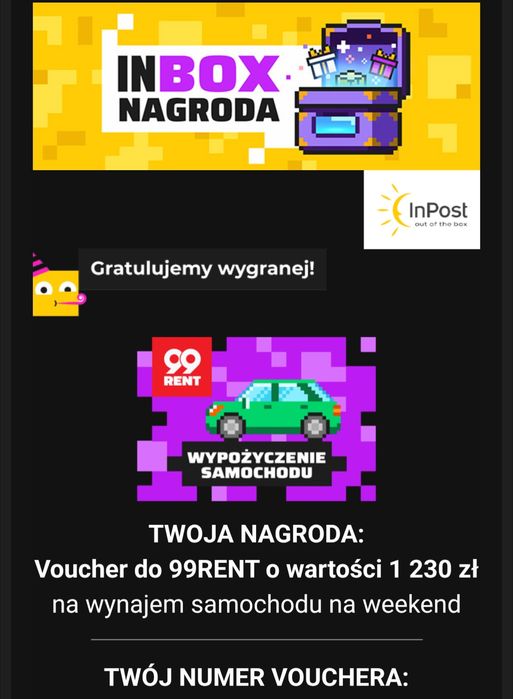 Voucher 99rent na 1230pln loteria inpost