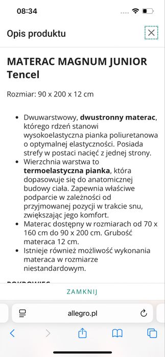 Materac piankowy 160x90 Magnum Junior Tencel