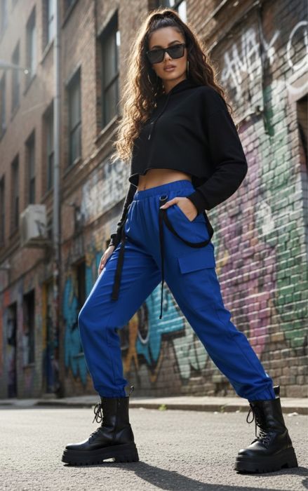 Niebieskie spodnie Cargo / Joggersy SHEIN – Styl Streetwear S