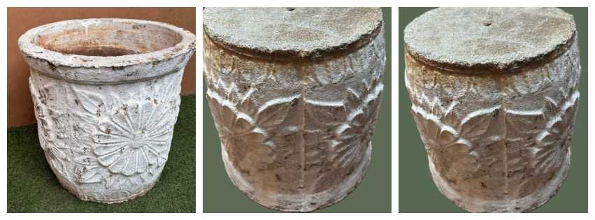 Vasos antigos, em cimento e pó de pedra com decoração, medidas: altura 41X44 cm,