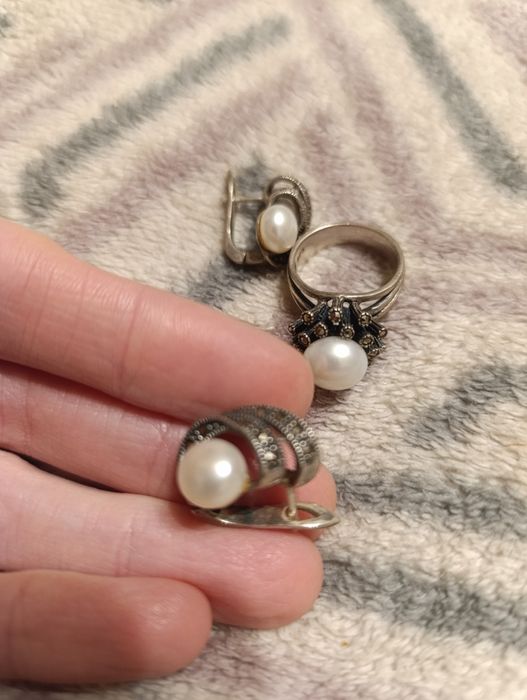 Срібний набір, сережки, каблучка розмір 17