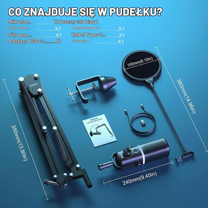 Mikrofon Aokeo AK-10 USB Dynamiczny RGB Z Ramieniem Do PC PS5