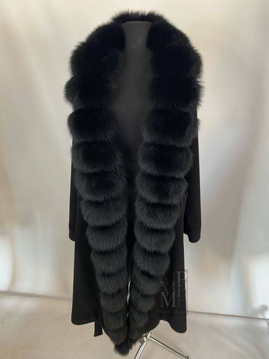Жіноче чорне кашемірове пальто з натуральним хутром песця, 42-54 рр