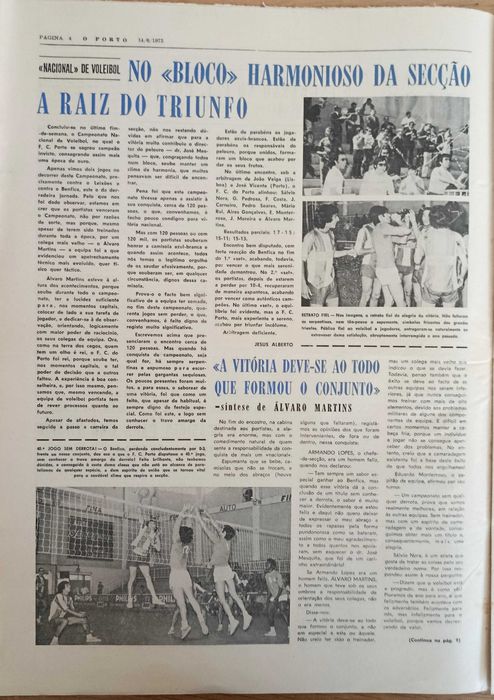 F.C.Porto - campeão de voleibol, entrevista a Celso - jornal O Porto de junho de 1973