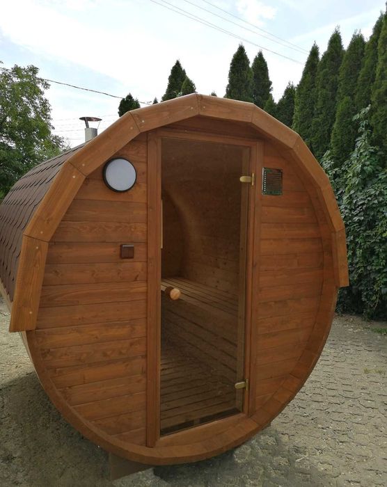 Sauna ogrodowa Beczka 250cm, Ławy + Oparcia Abachi, Szybka Realizacja