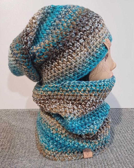 Komplet czapka beanie z długim kominem handmade na szydełku