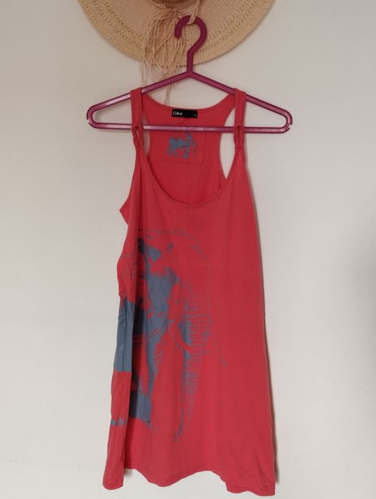 Długa różowa bluzka ze słoniem brzoskwiniowa na ramiączka tunika